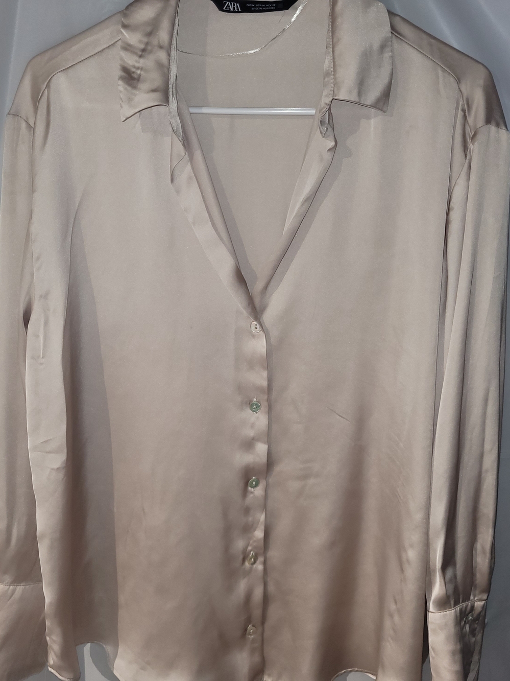 Zara Women's Light Beige Satin Button-Down Shirt Size Medium